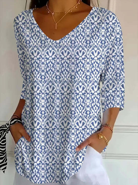 Women's Three Quarter Sleeve T-shirt Spring/Fall Blue Abstract Printing V Neck Daily Going Out Casual Top