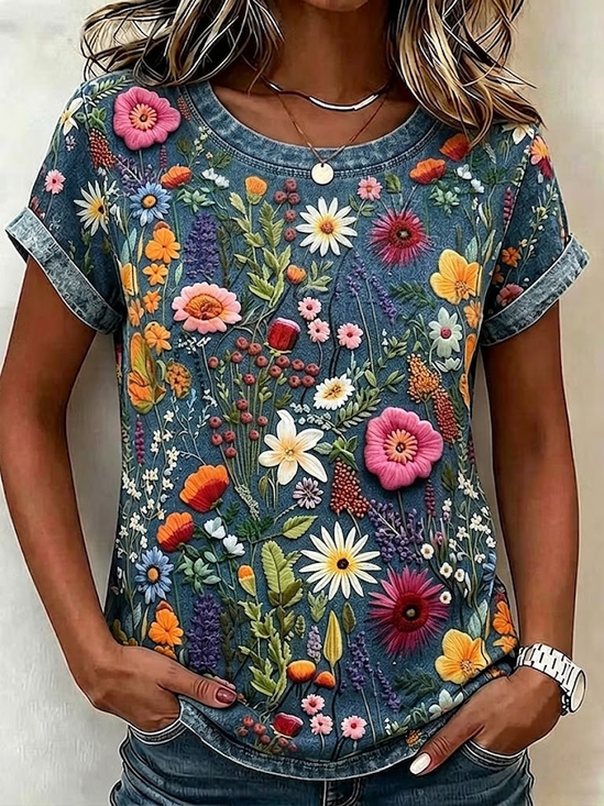 Women's Short Sleeve T-shirt Summer Blue Floral Printing Jersey Crew Neck Daily Going Out Casual Top