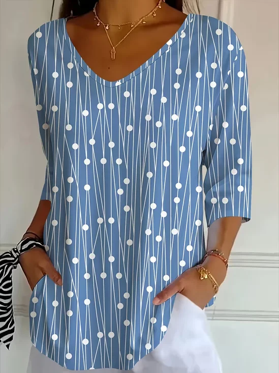 Women's Three Quarter Sleeve T-shirt Spring/Fall Blue Abstract Printing V Neck Daily Going Out Casual Top