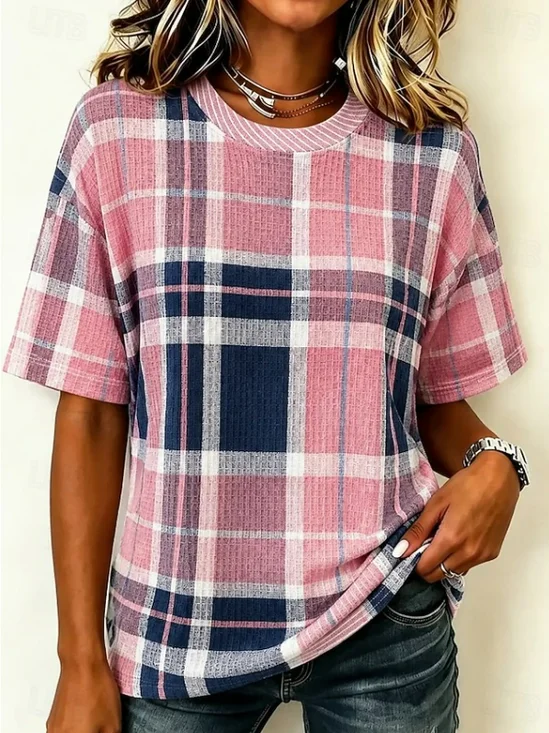 Women's Waffle Weave Short Sleeve T-shirt Summer Pink Plaid Printing Crew Neck Daily Going Out Casual Top