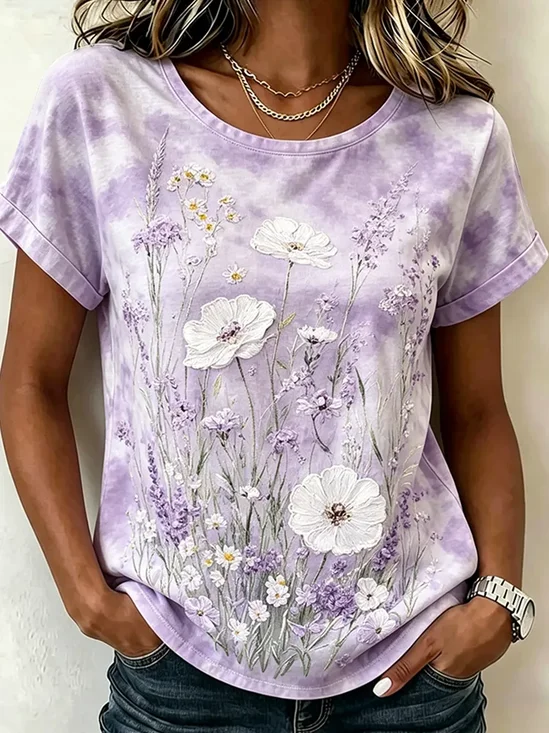 Women's Short Sleeve T-shirt Summer Purple Floral Printing Jersey Crew Neck Daily Going Out Casual Top