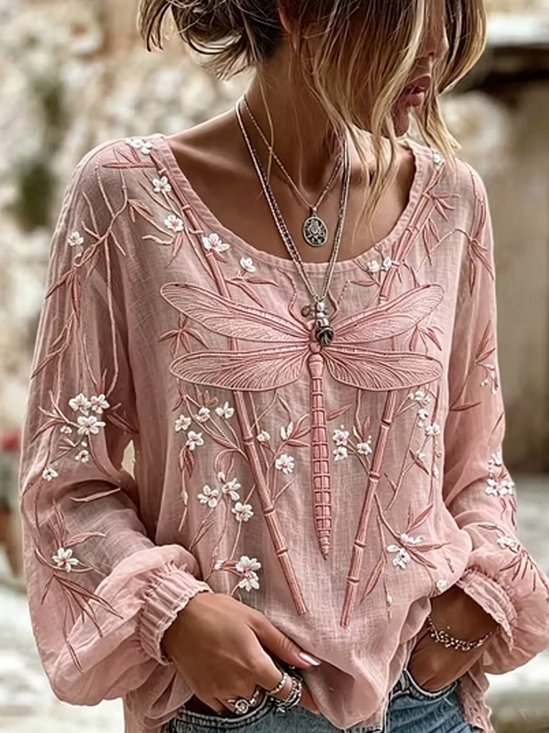 Dragonfly Bamboo Print Loose Scoop Neck Bubble Long Sleeve Top