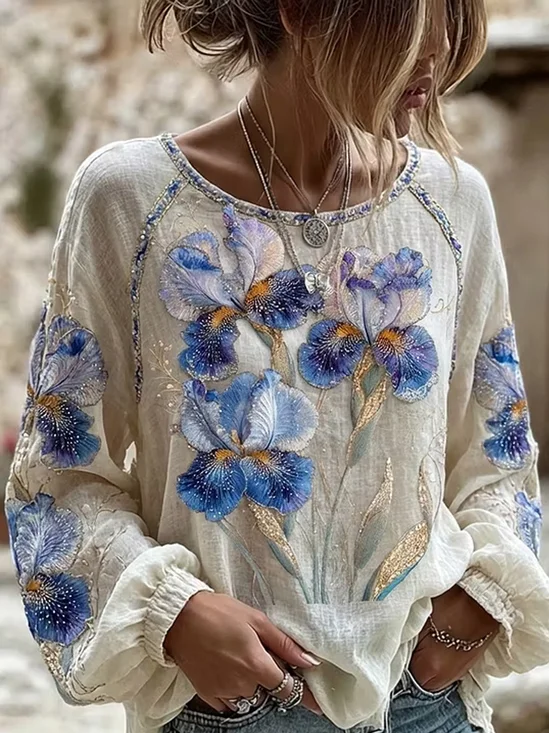 Art Iris Floral Crew Neck Casual Blouse
