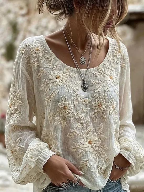 Soft Long Sleeved Crew-Neck Top With A 3D Daisy Print.