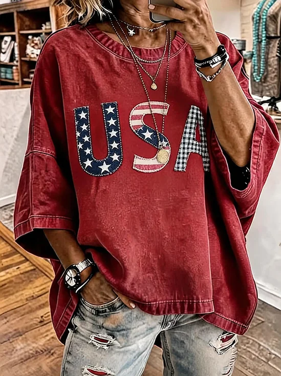 Women's Half Sleeve T-shirt Summer Red America Flag Printing Crew Neck Daily Going Out Vintage Top