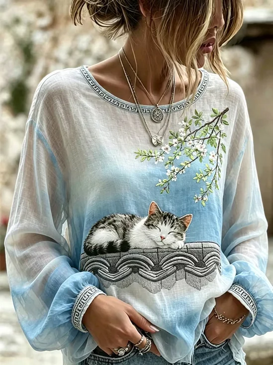 Cute Cat Branch Gradient Print Scoop Neck  Long Sleeve Blouse