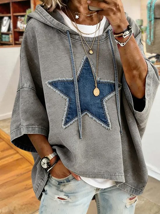 Frayed Star Patch Graphic Hooded Oversized 3/4 Sleeve Hoodie