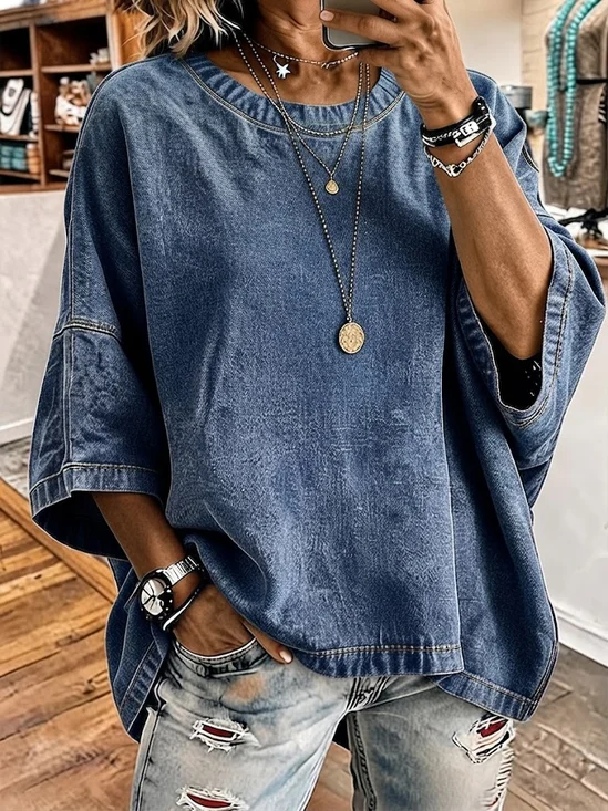 Women's Half Sleeve T-shirt Summer Blue Faux Denim Print Graphic Printing Crew Neck Daily Going Out Vintage Top