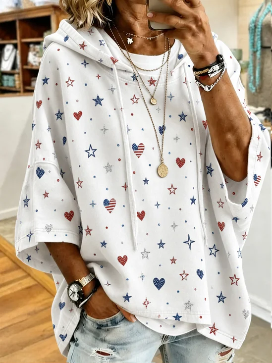 Heart Star All Over Print Color Block Hooded Lazy Fit Sweatshirt