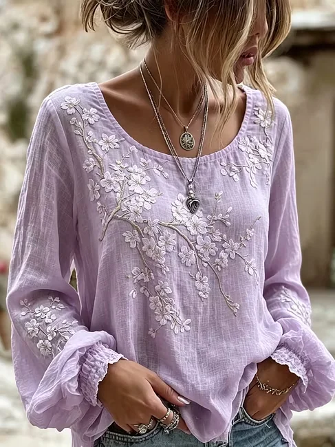 Women's Long Sleeve Blouse Spring/Fall White Floral Printing Crew Neck Daily Going Out Vintage Top