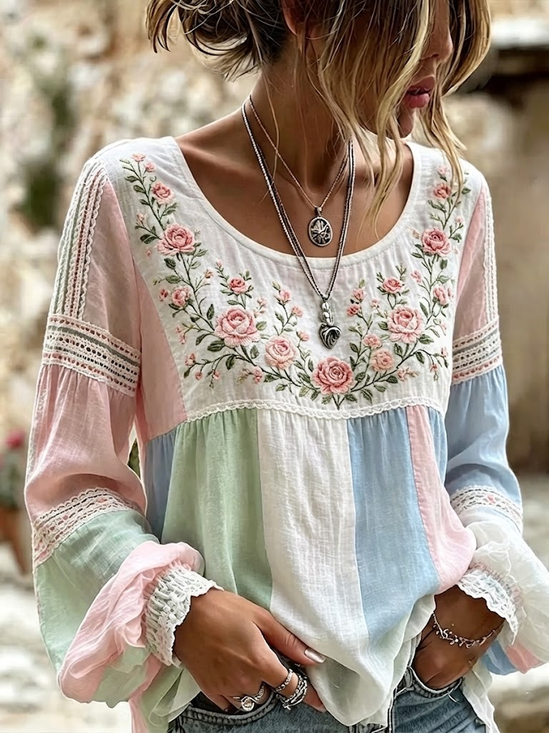 Women's Long Sleeve Blouse Spring/Fall As Picture Floral Printing Crew Neck Daily Going Out Vintage Top