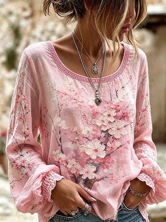Spring Floral Branch Print Vintage Scoop Neck Drop Shoulder Long Sleeve Top