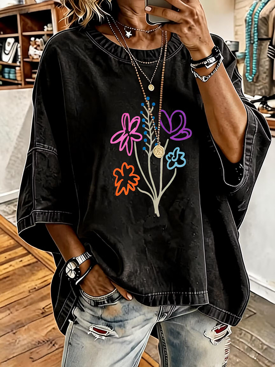 Women's Half Sleeve T-shirt Summer Black Floral Printing Crew Neck Daily Going Out Vintage Top