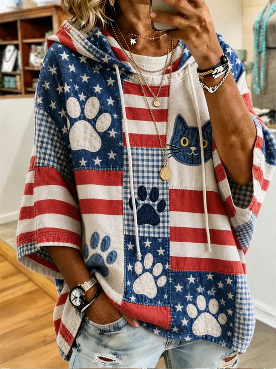 Star Stripe Plaid Pet Paw Hooded Drop Shoulder Top