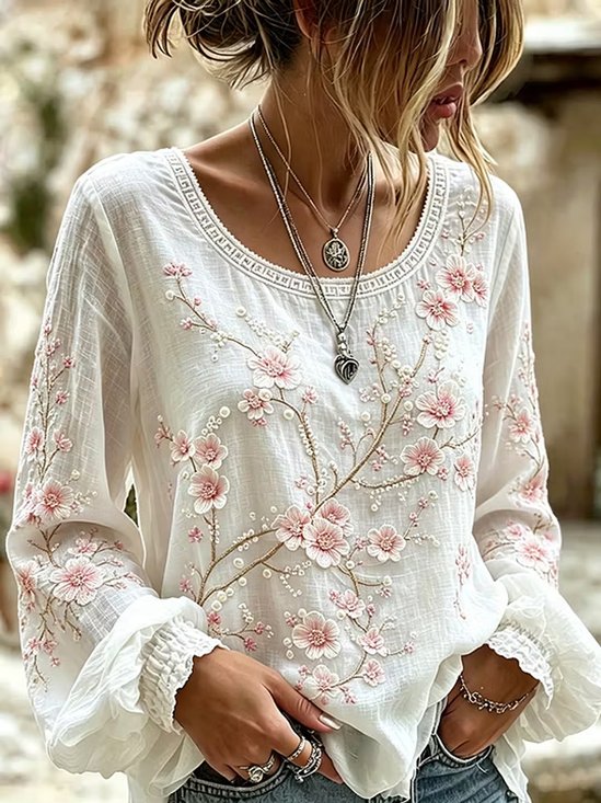 3D Floral Motif Scoop Neck Oversized Drop Shoulder Long Sleeve Blouse