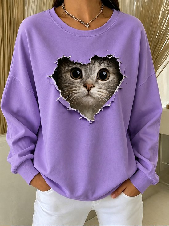 Heart  Kitten Creative Print Crew Neck Sweatshirt