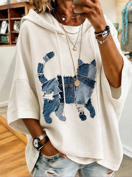 Frayed Denim Cat Patch Hooded 3/4 Sleeve Relaxed Top