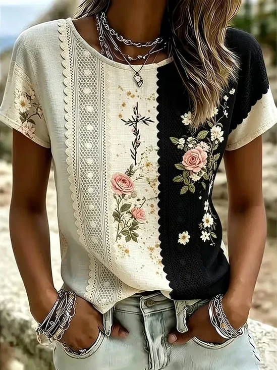 Women's Short Sleeve T-shirt Summer Black Floral Printing Crew Neck Daily Going Out Casual Top
