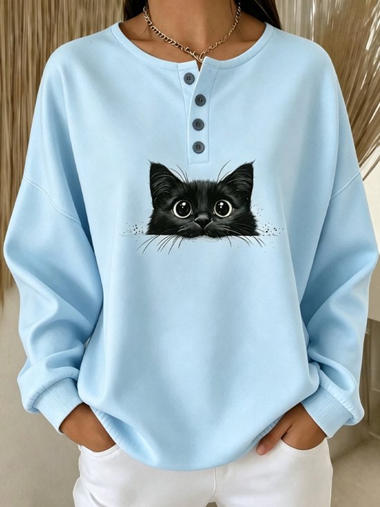 Peeking Black Cat Henley Oversized Sweatshirt