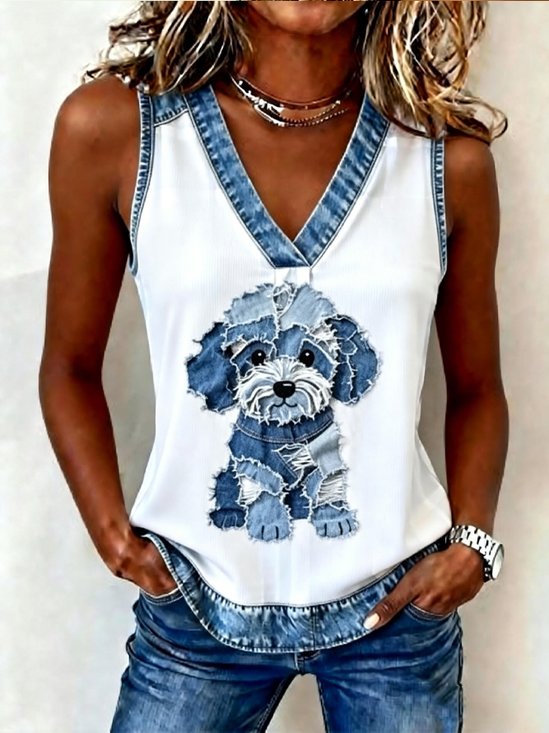 Dog V Neck Plain  Casual Tank Top