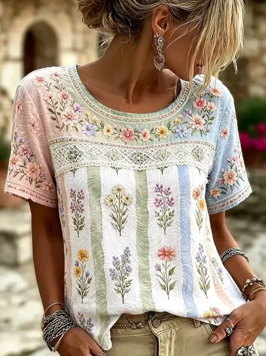 Women's Short Sleeve T-shirt Summer As Picture Floral Printing Crew Neck Daily Going Out Casual Top
