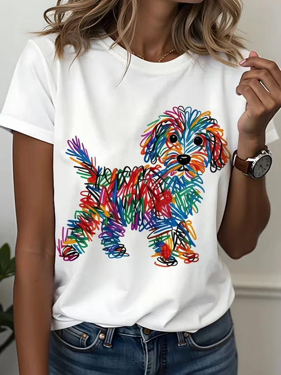 Women's Short Sleeve T-shirt Summer White Dog Printing Crew Neck Daily Going Out Casual Top