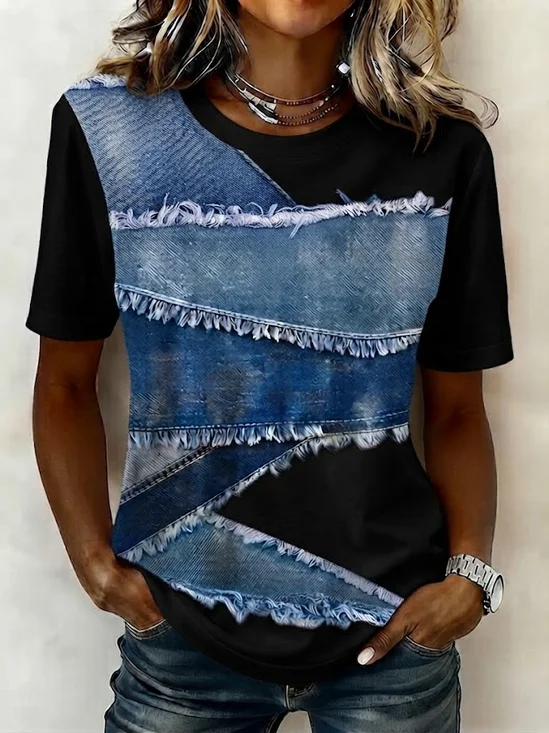 Women's Short Sleeve T-shirt Summer Black Faux Denim Print Graphic Printing Jersey Crew Neck Daily Going Out Casual Top