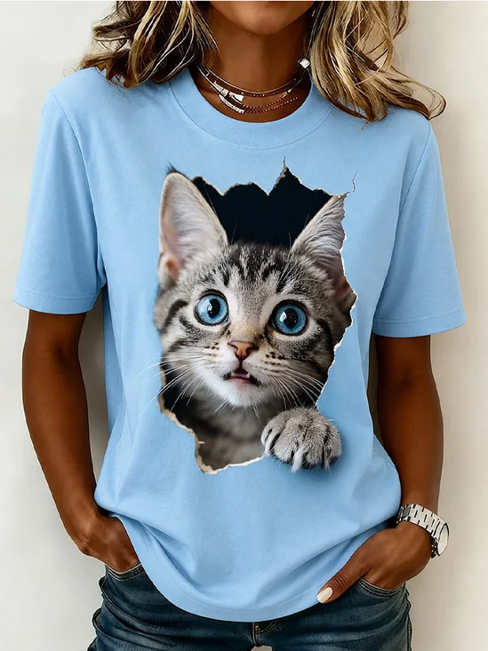 3D Torn Paper Kitty Fun Graphic Crew Neck Versatile Short Sleeve Tee