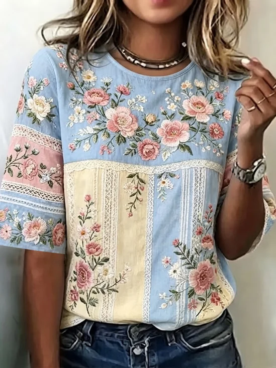 Women's Short Sleeve T-shirt Summer As Picture Floral Printing Crew Neck Daily Going Out Casual Top