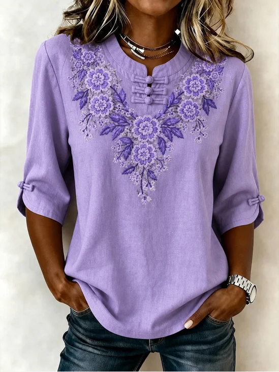 Chinese Frog Button Chest Floral Round Neck Shirt