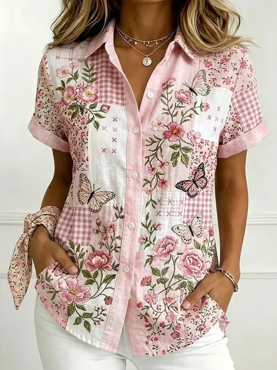 Plaid Floral Butterfly Collared Button Down Short Sleeve Shirt