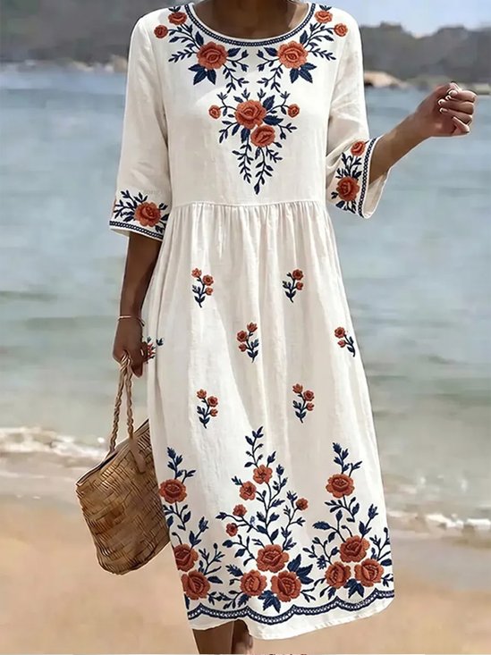 Rose Floral Round Neck 3/4 Sleeve Waisted Vacation Midi Dress