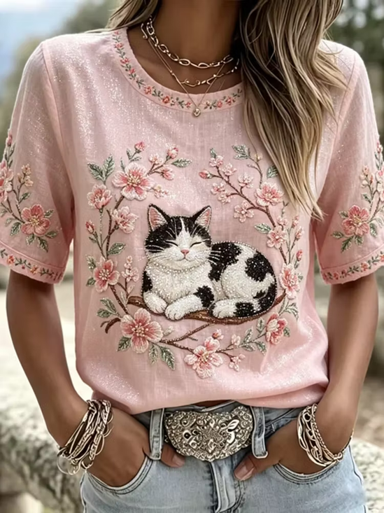 Women's Short Sleeve T-shirt Summer Pink Floral Printing Crew Neck Daily Going Out Casual Top