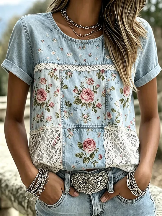 Women's Short Sleeve T-shirt Summer Blue Floral Printing Crew Neck Daily Going Out Casual Top