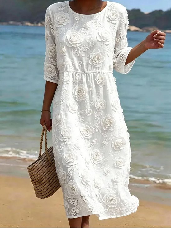3D Rose Print Round Neck 3/4 Sleeve Flowy Beach Midi Dress