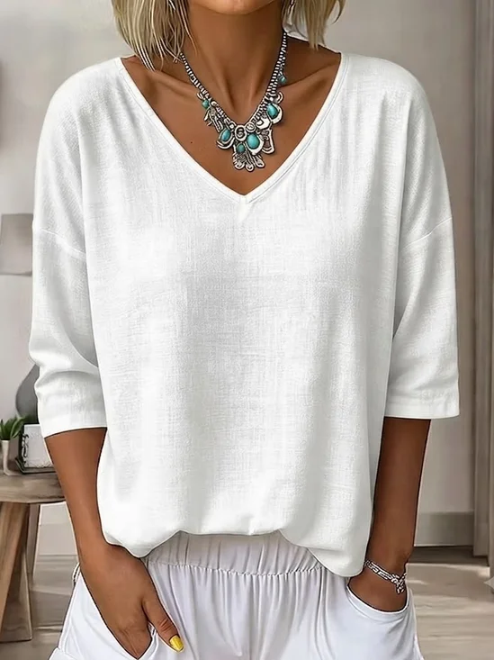 Women's Three Quarter Sleeve T-shirt Spring/Fall White Plain V Neck Daily Going Out Casual Top