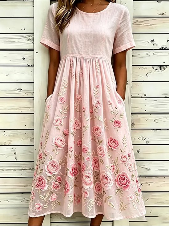 Rose Vine Round Neck Short Sleeve Waisted Midi Dress