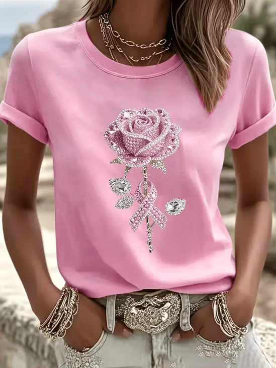 Women's Short Sleeve T-shirt Summer Purple Floral Printing Crew Neck Daily Going Out Casual Top