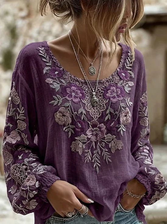 Women's Long Sleeve Blouse Spring/Fall Purple Floral Printing Crew Neck Daily Going Out Vintage Top