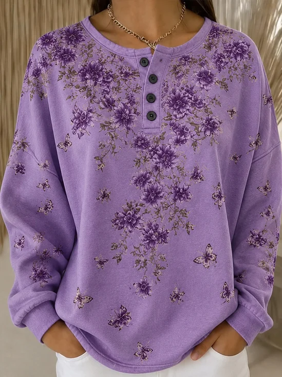 All Over Floral Butterfly Henry Neck Drop Shoulder Sweatshirt
