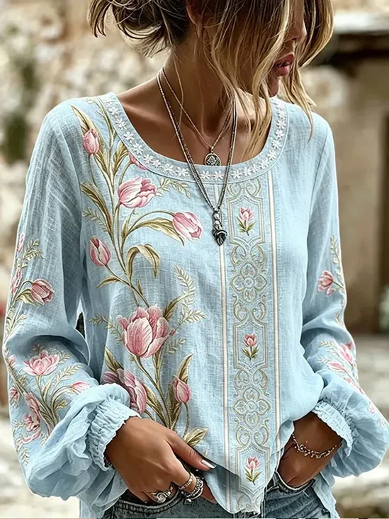 Tulip Vertical Floral Round Neck Oversized Long Sleeve Blouse