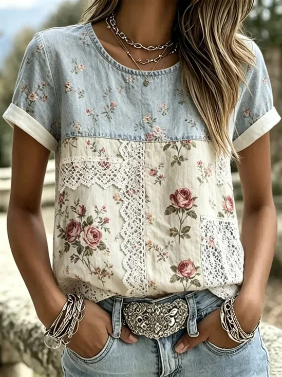 Women's Short Sleeve T-shirt Summer As Picture Floral Printing Crew Neck Daily Going Out Casual Top