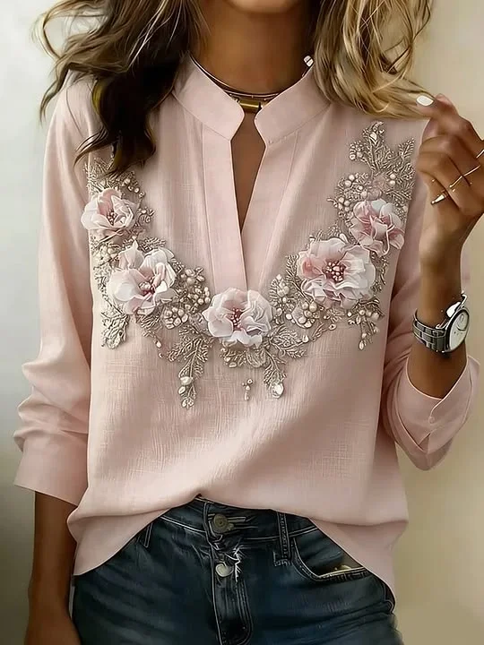 Women's Long Sleeve Blouse Spring/Fall Pink Floral Printing V Neck Daily Going Out Vintage Top