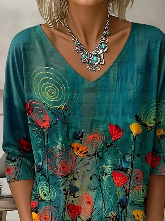 Women's Three Quarter Sleeve T-shirt Spring/Fall Green Floral V Neck Daily Going Out Casual Top