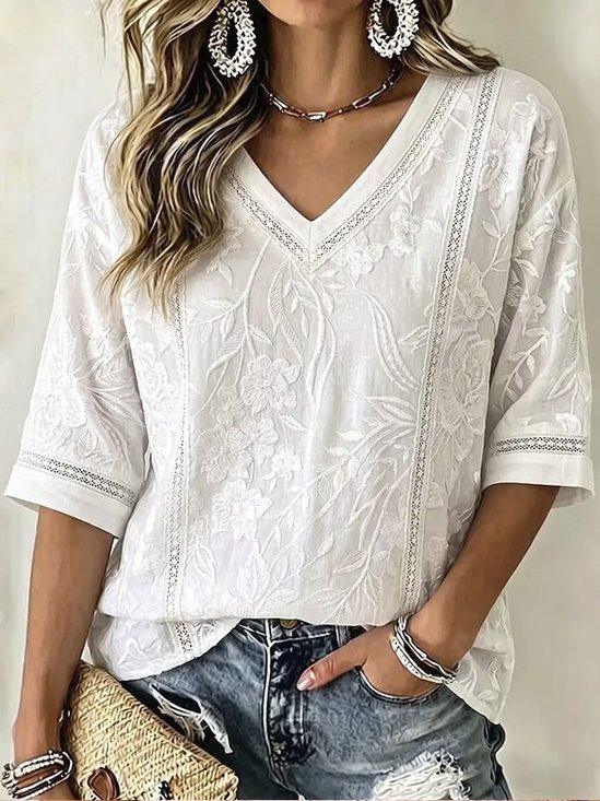 3D Leaf Floral V Neck 3/4 Sleeve Daily Top