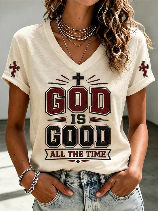 Vintage Cross God Is Good Slogan V Neck Short Sleeve Top