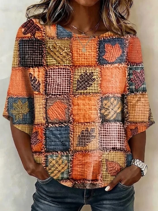 Women's Half Sleeve Blouse Summer Orange Maple Leaf Printing Crew Neck Daily Going Out Vintage Top