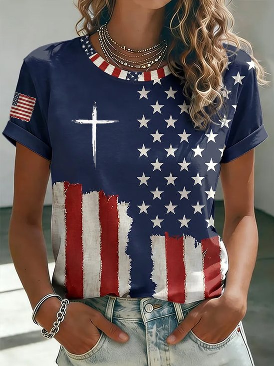 Flag Star Cross Vintage Print Crew Neck Short Sleeve Faith Tee