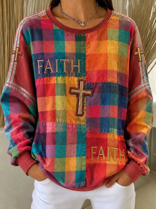 Plaid Cross Faith Letter Crew Neck Oversized Long Sleeve Sweatshirt