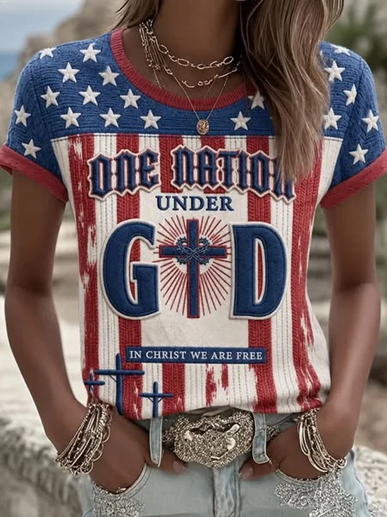 Star Stripe Cross Slogan Crew Neck Faith Tee